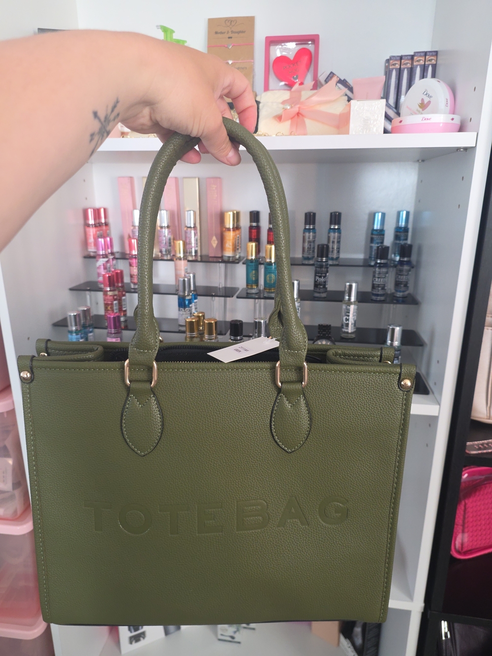 Olive Green Structured Tote Handbag (Mystery Gift Inside)